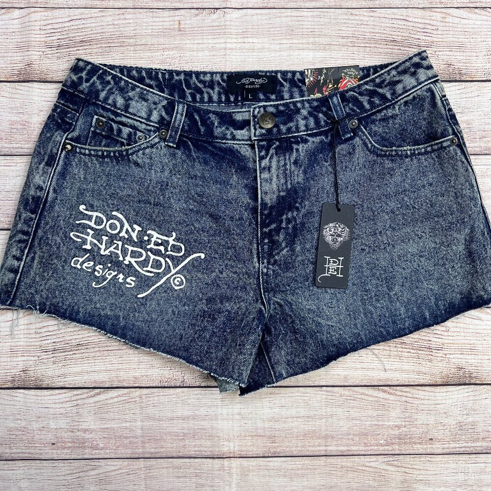 NWT Ed‎ Hardy Denim Cut-Off Shorts Size LG Tattoo Graphic Heart Rose Dagger Y2K